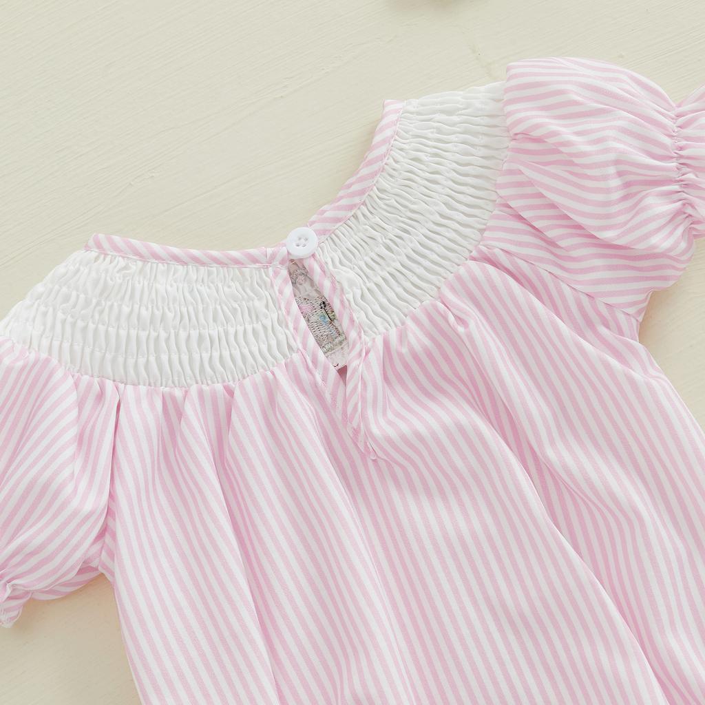 Baby Girl Easter Romper Short Sleeve Stripes Print Bunny Embroidery Loose Bodysuit Newborn Outfit
