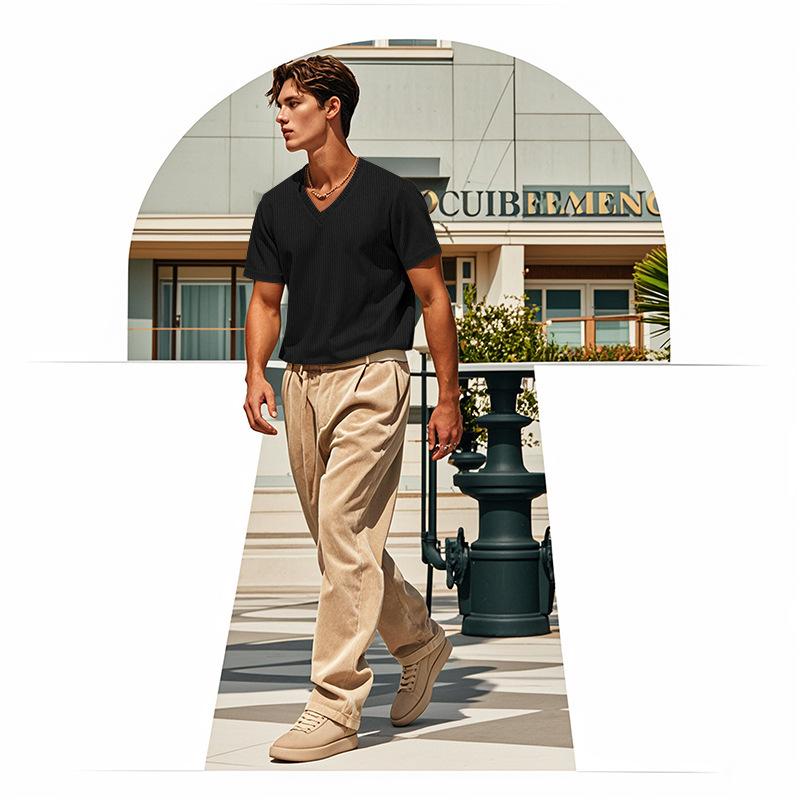 Men's Knit Tshirt Solid Color Short-Sleeved V-neck Slim Fit Casual Summer Basic Tee