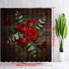 Vintage Pink Roses & White Butterflies On Rustic Wooden Planks Waterproof Shower Curtain For Bathroom Decor