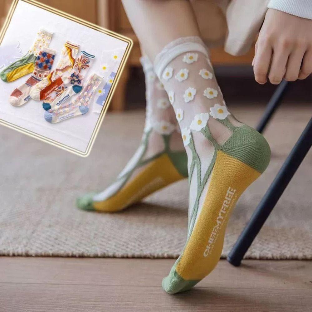5Pairs Glass Silk Tulle Mid Tube Socks Mesh Sweet Socks Women Soft Transparent Flower Socks  Girl