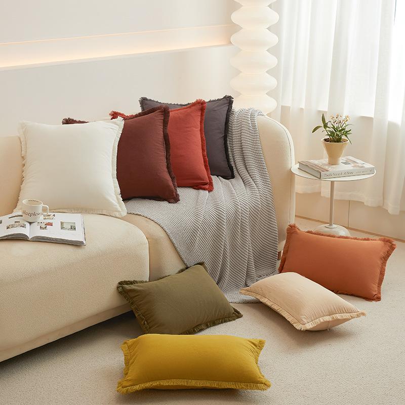 Living Room Solid Color Pillowcase Office Edged Pillowcase Home Simple Cushion Cover Washed Cotton Sofa Pillowcase