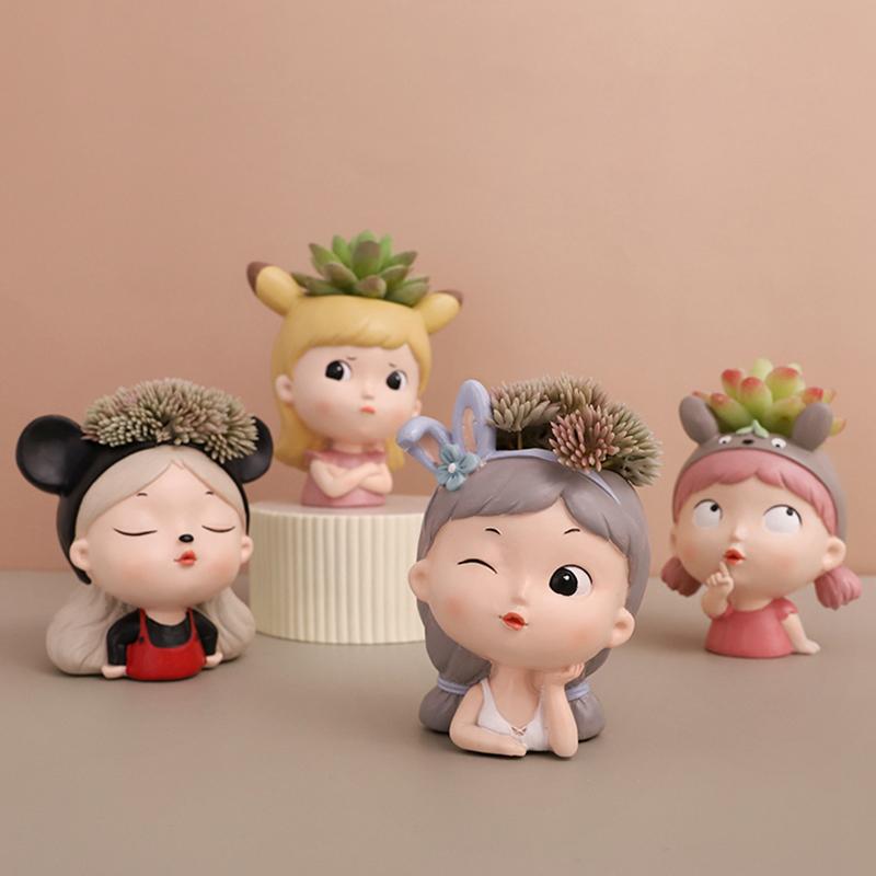 Cute Girl Mini Garden Pot, Cartoon Portrait Flower Pots for Succulents Planter, Fairy Garden Decorative Figurine Desktop Decor