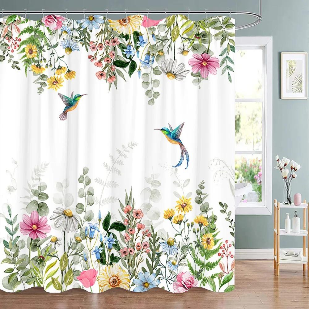 Spring Botanical Floral Shower Curtain Watercolour Style Floral Landscape Washable Fabric Bath Curtain Bathroom Decor With Hooks