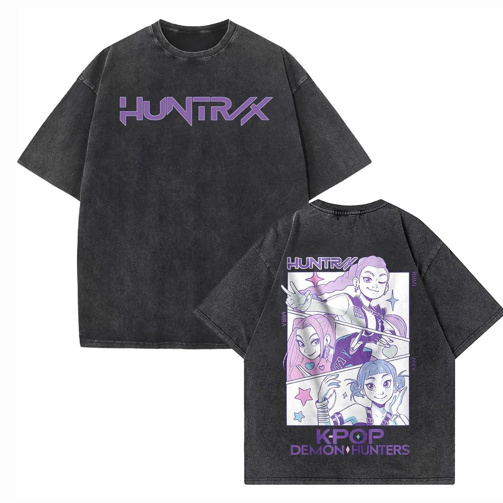 Summer Vintage KPop Demon Hunters Tiger Washed Cotton T-shirts for Men Harajuku Round-neck Heavy Tshirts Oversize Unseix Tee Top