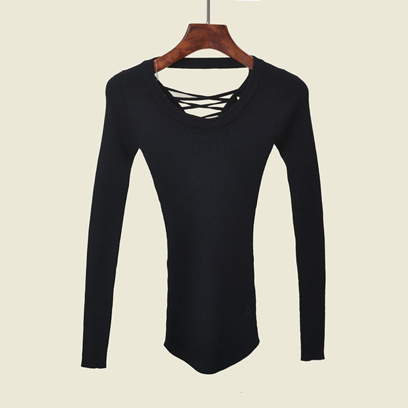 Foreign Trade Original Order Lace-up Slim fit High Elastic Knitted Bottoming Shirt Early Autumn Solid Curved Hem Backless Skin-friendly Pullover