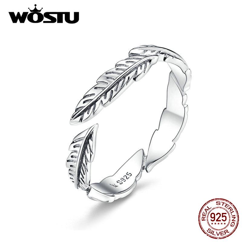 

WOSTU Бохо стиль перо свободный размер регулируемые кольца на палец 100% стерлингового серебра 925 пробы женские кольца