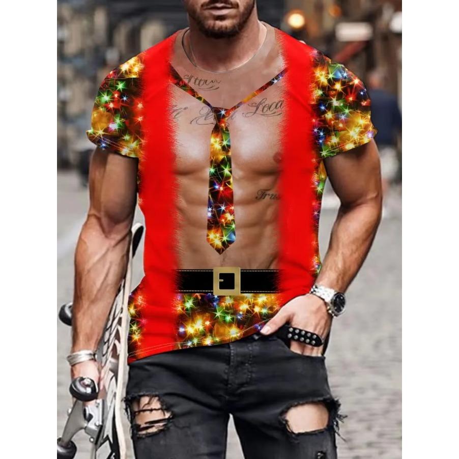 Funny Men's T-Shirts Santa Claus Christmas Oversized Short Sleeve with Snowflakes Print Red Casual O-Neck Outfit Men Clothing