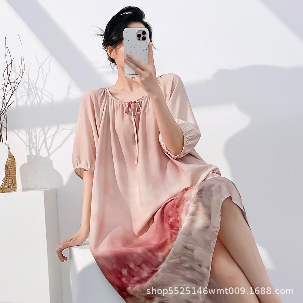 1011 Mu Zhensi's new cotton and silk summer dress loose round neck dress printed skirt nightdress vacation style