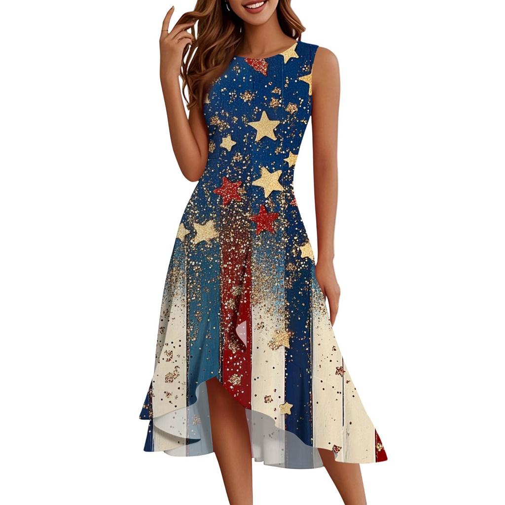 Women's Fashion Casual Zip Sleeveless Round Neck Independence Day Printed Elegant Temperament Ruffles Dress Dresses