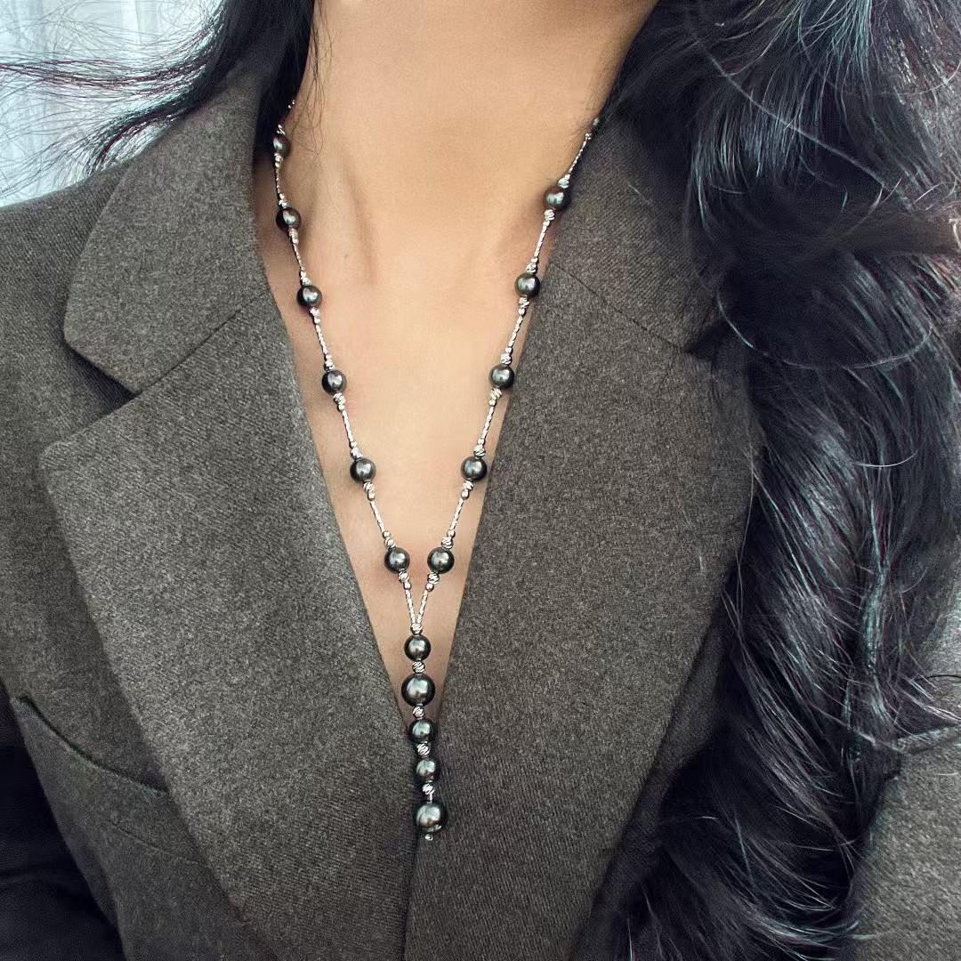 Vintage High Quality Strong High Gloss Imitation Tahitian Black Pearl Design Necklace Collarbone Chain