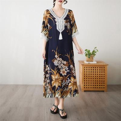 Halbarm Plus Size Baumwolle Vintage Blumenmuster Neu in Kleidern für Damen lässig locker langes Sommerkleid