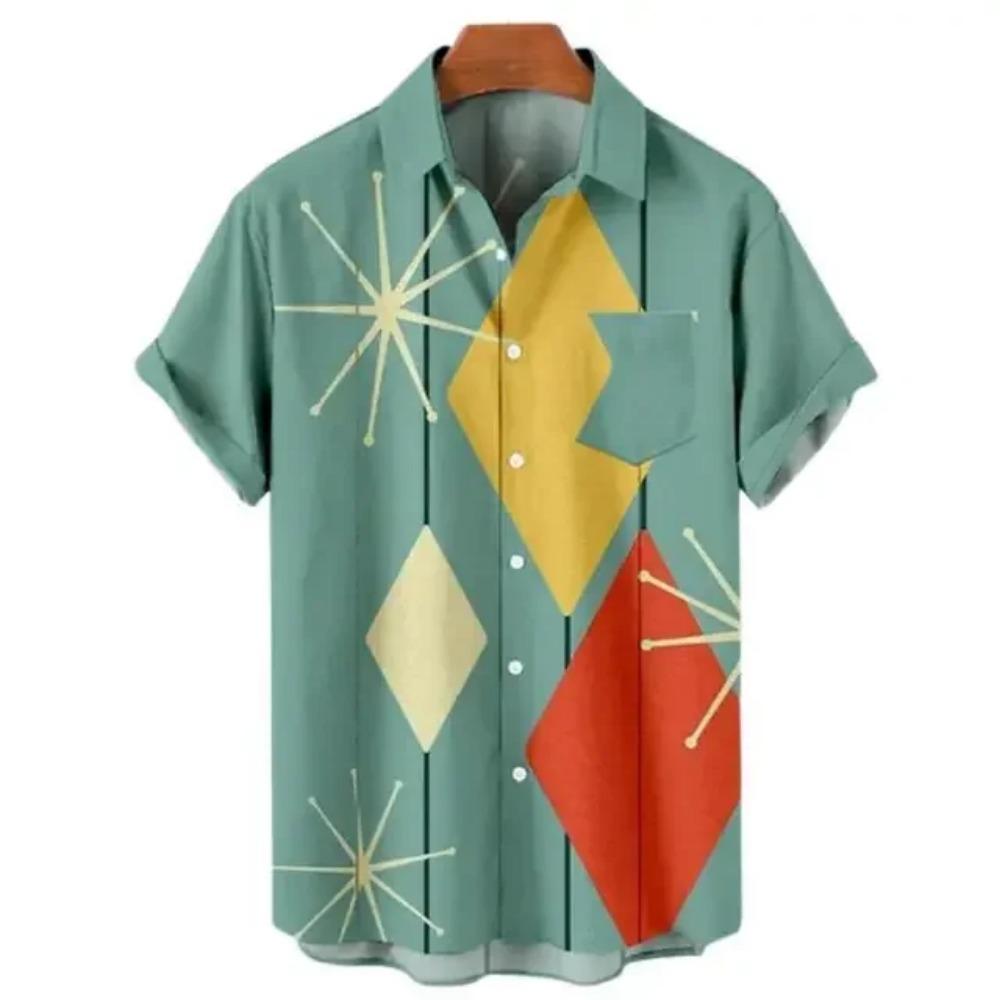 Hawaiian Casual Men's Short Sleeved Shirt, Cartoon Pattern, Retro Fashion Clothing, Retro Style, Summer Vacation, Social Men's Shirt