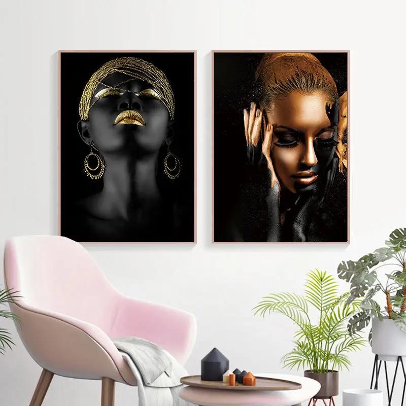 African Art Black and Gold Woman Oil Painting On Canvas Picture for Living Room Contemplator Posters and Prints Scandinavian
