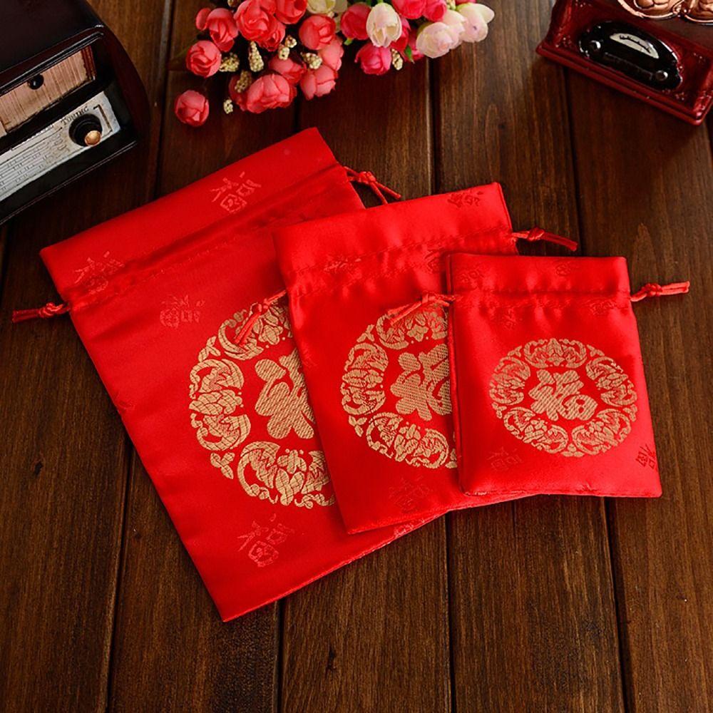 1Pcs Jewelry Drawstring Pouch Silk Fu Bag Brocade Happy New Year Chinese Lucky Bags Gift Packaging New Year Wedding Party