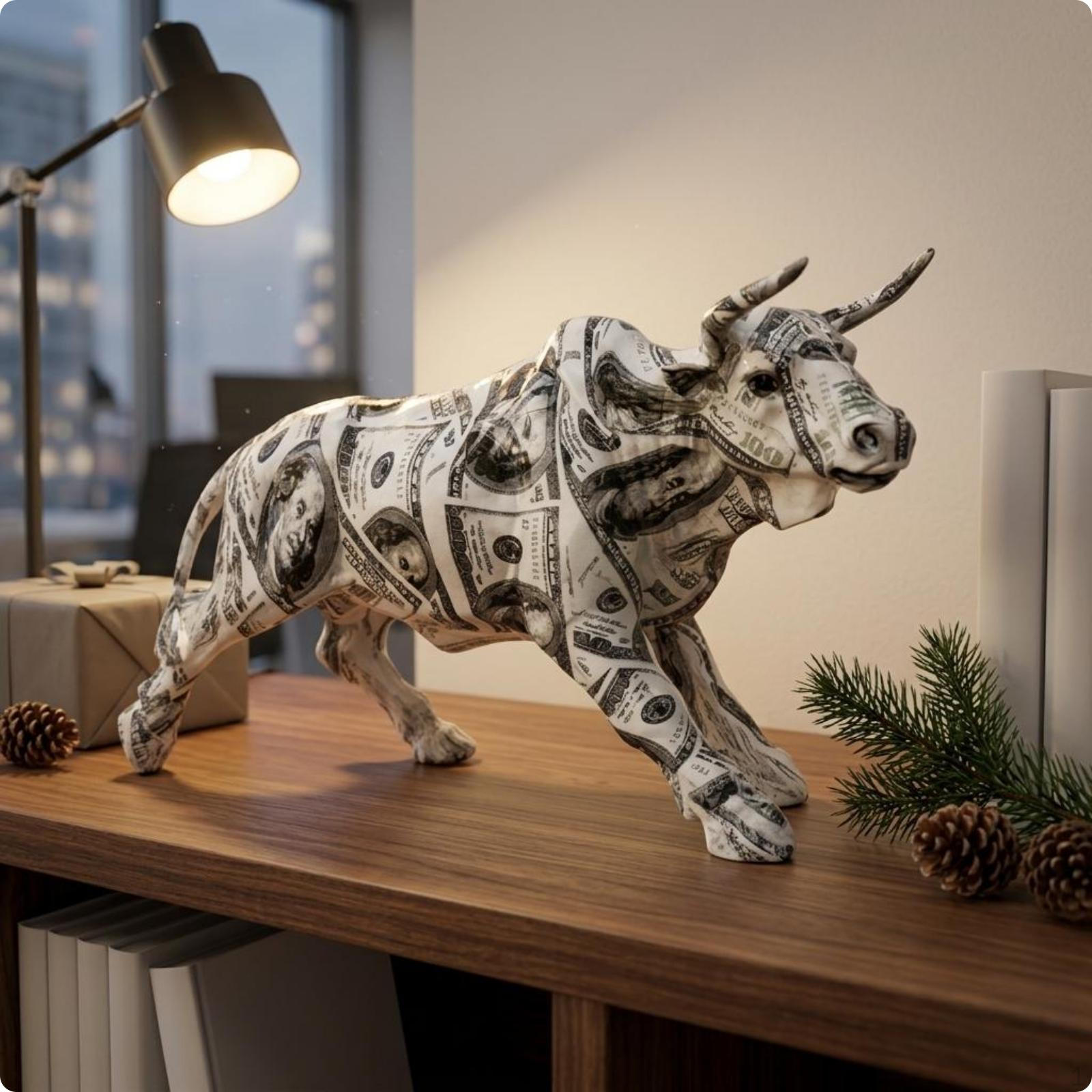 Wall Street Bull Figurine Wealth Symbol Statue Auspicious Home Decor Dollar Letter 7