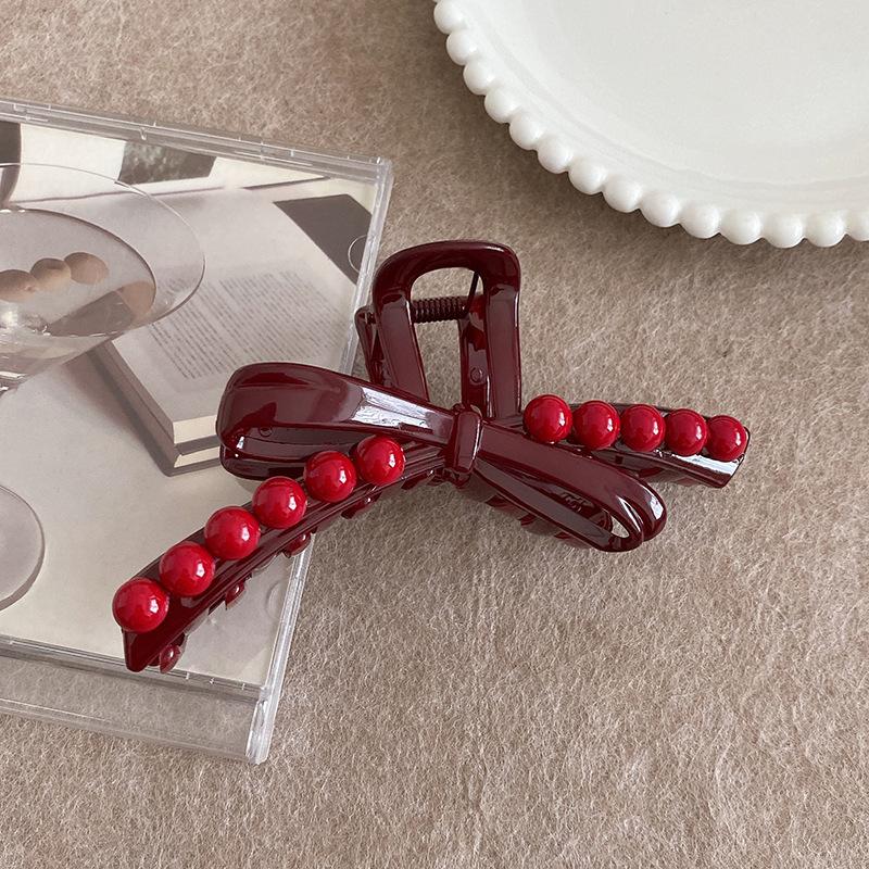 Women Large Bow Hair Crab Clips for Girls Korean Acrylic Hair Claws Red Beads Vintage Hair Accessories Lady Ponytail Barrettes