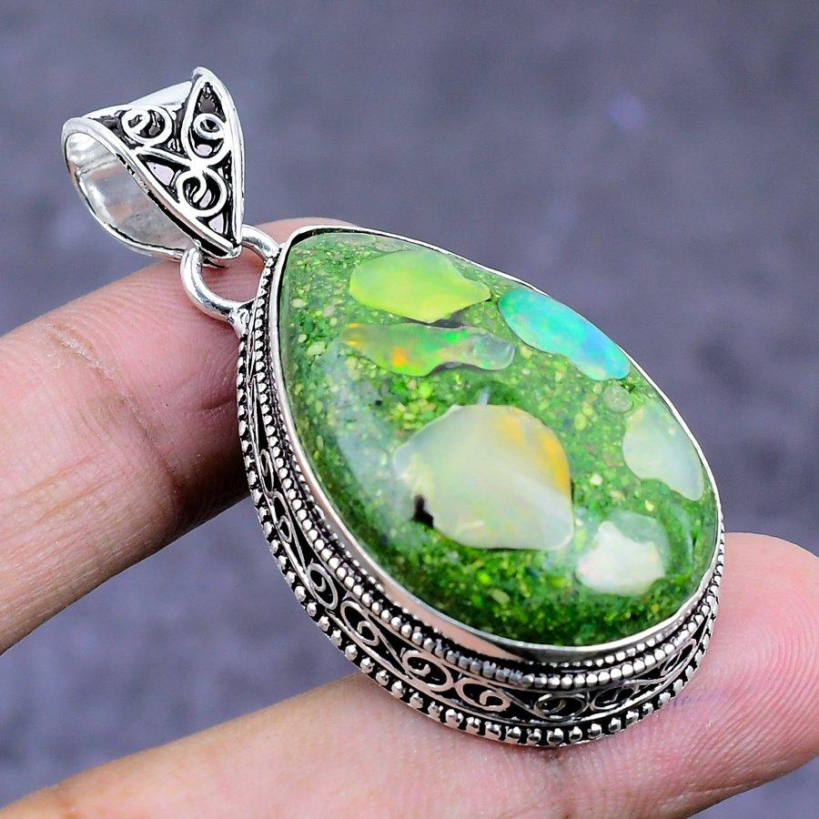 Natural Ethiopian Opal Gemstone 925 Sterling Silver Jewelry Pendant 2.05" ETC-14407
