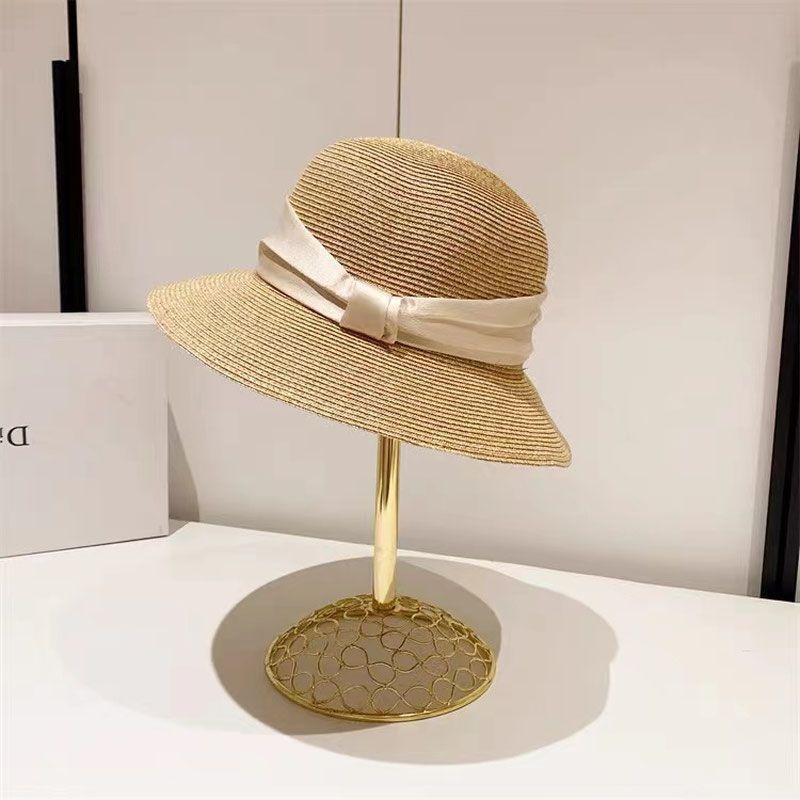 Temperament satin face hat women's summer French braided bucket hat foldable seaside beach sun hat