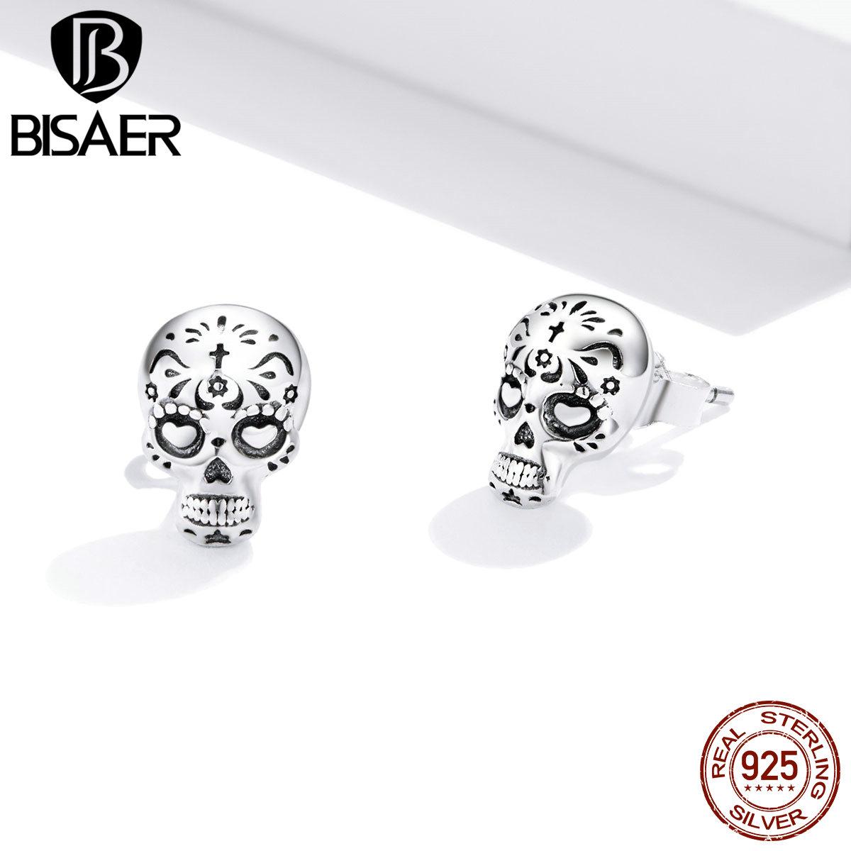 

BISAER 100% стерлингового серебра 925 пробы серьги-гвоздики с черепом для Хэллоуина, маленькие серьги для женщин, уникальные ювелирные изделия серебряный