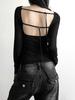 Women Autumn Long-sleeved Slash Neck Crops Tops Elastic Sexy Slim Backless T-Shirts Female New Fashion Lace-up Solid Top Tees