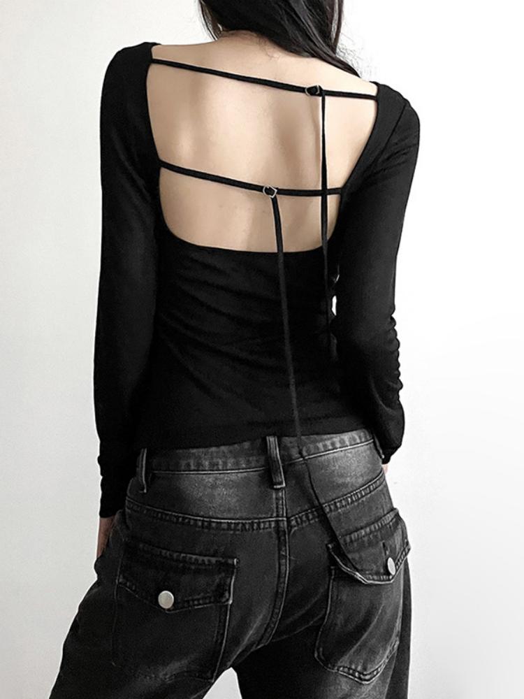 Women Autumn Long-sleeved Slash Neck Crops Tops Elastic Sexy Slim Backless T-Shirts Female New Fashion Lace-up Solid Top Tees