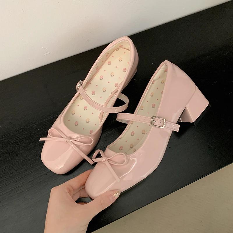 Fashion Women Mid Heel Pumps Patent Leather Women Mary Jane Shoes Fashion Shallow Butterfly-knot Shoes Spring Autumn Wedding Party Shoes