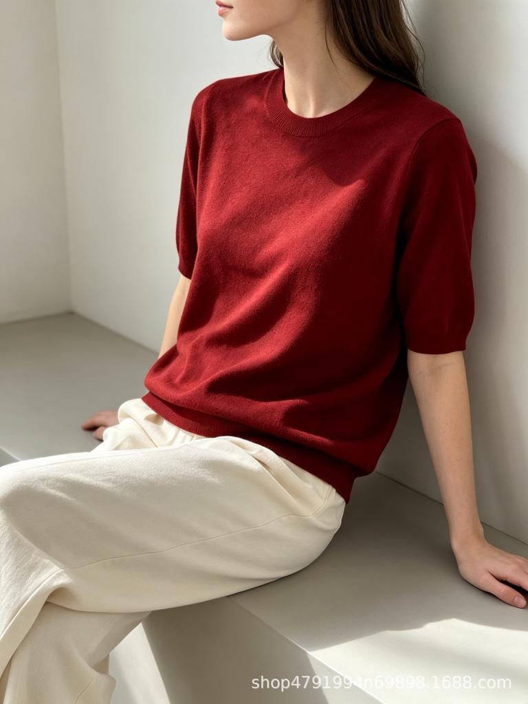 Crew neck mid-sleeved knitted top for women, loose and versatile basic bottoming shirt, factory wholesale