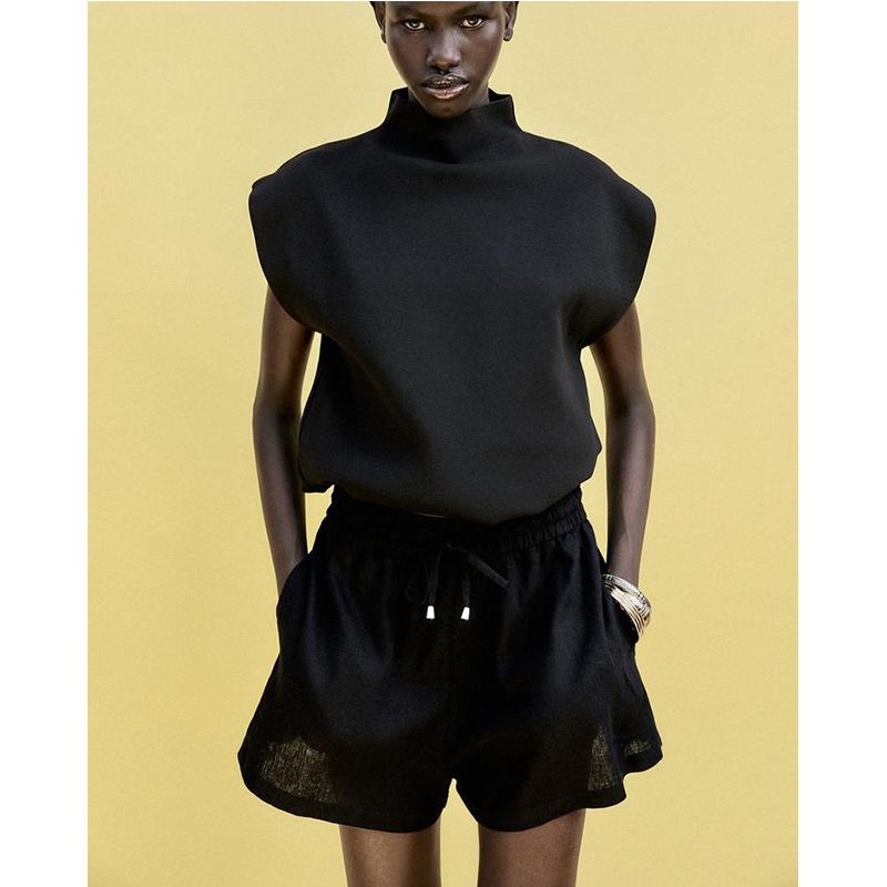 Summer New Product Women's Clothes Minimalist Style with Decorative Linen Blend High Waist Temperament Leisure Shorts 8073423