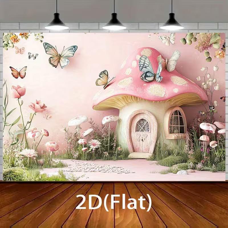 2D Magical Pink Mushroom Cottage Background for Kids Photoshoot & Events