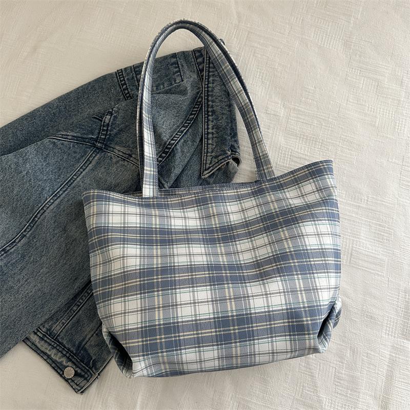 Canvas Bag Summer Fashion Plaid Handbag Light Travel Large Capacity Shoulder Bag Women