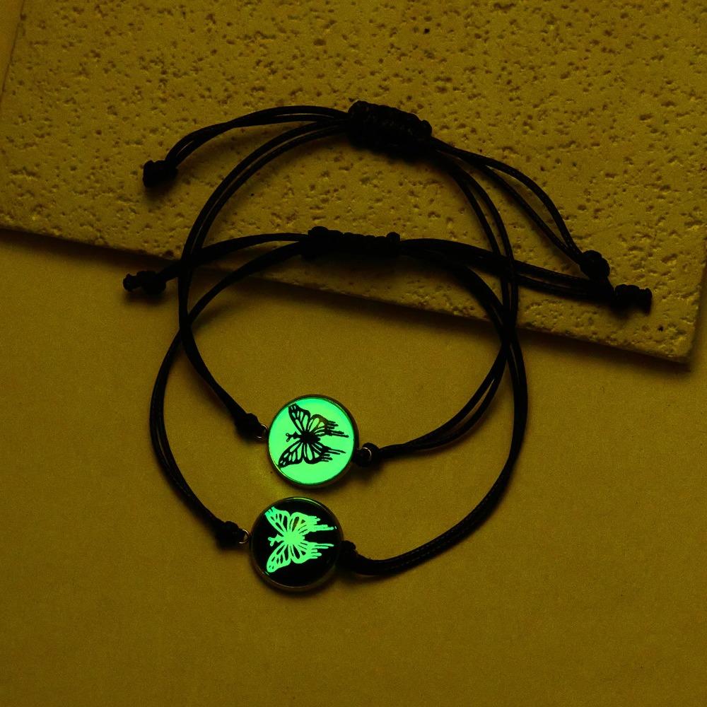 Glow In the Dark Butterfly Sun Moon Rope Bracelets for Women Couples Matching Bracelet Friendship Luminous Jewelry Adjustable