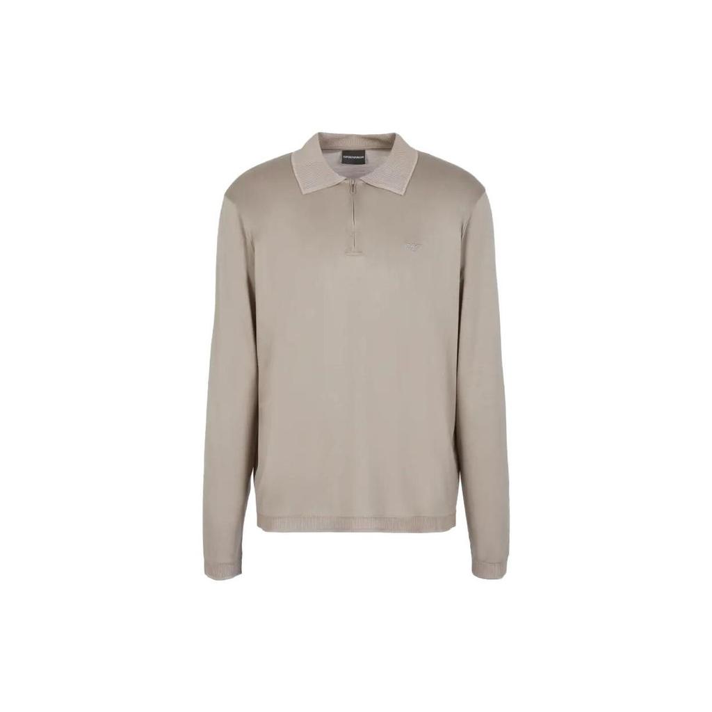 Emporio Armani FW23 Solid Color Small Logo Embroidered Pullover Long Sleeve Polo Shirt Men Tops Gray Beige 6R1F85-1JUVZ-0643