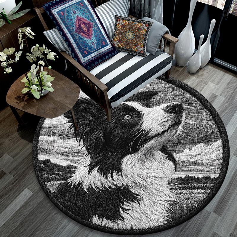Border Collie Runder Teppich, Teppich für Wohnzimmer Schlafzimmer Sofa Spielzimmer Dekoration, Rutschfeste Bodenmatte