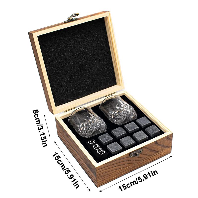 Whiskey Stones And Whiskey Glass Gift Set Of 4, For Men | Father s Day, 8 Granite Whiskey Stones, 2 Whiskey Glasses,1 Wooden Box