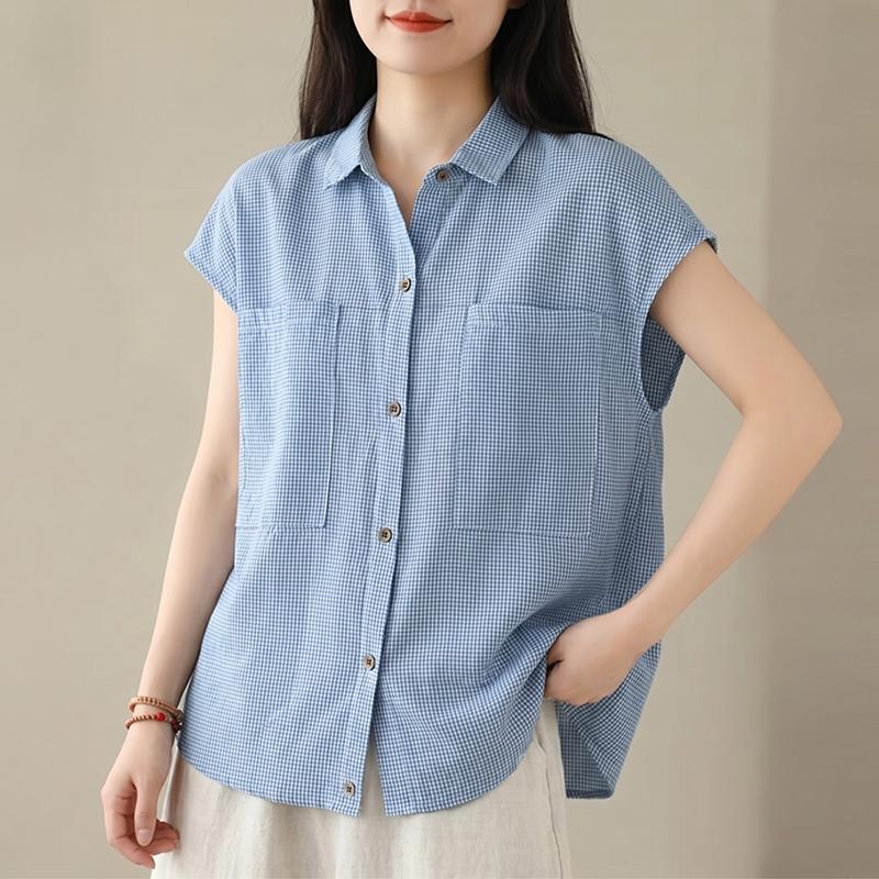 ZANZEA Women Casual Turn Down Collar Loose Short Sleeve Plaid Blouse