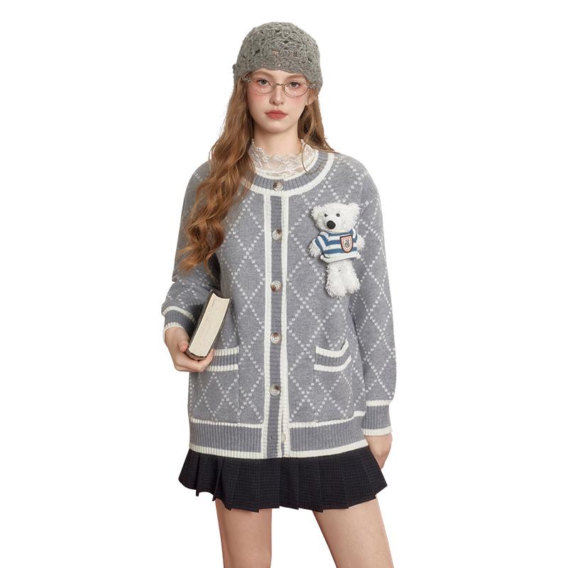 

UNIFREE Women s Retro Argyle Jacquard Knit Cardigan with Detachable Doll One Size