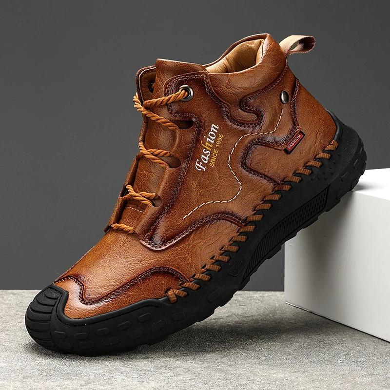 High Quality Genuine Leather Men Short Boots Handmade Mens Casual Shoes Outdoor Breathable Comfortable Man Walking Sneakers
