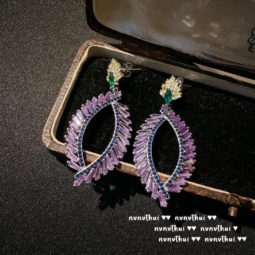Years Beauty Haze Pink Gem Flower Earrings Vintage Plated 18K Gold, Iris Purple Eyelashes Zircon Earrings