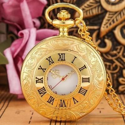 Innere Uhr, goldene Halskette, transparente dekorative Vintage-Taschenuhr