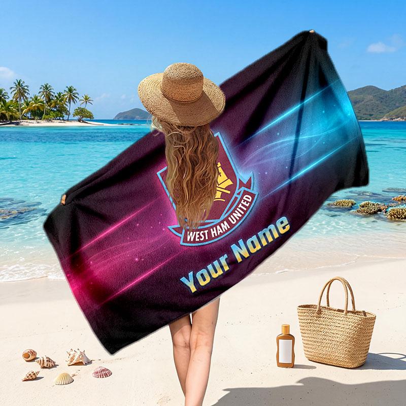 West Ham United Football Custom Beach Towel, Personalized Name Text Print, Football Logo Soft Quick‑Dry Towel Holiday Gift