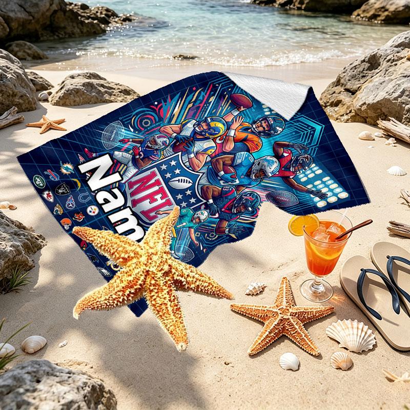 Custom Name Personalized NFL Print Beach Towel, for Trip Camping Beach Party Home Decor, Birthday Gift for Family & Friends