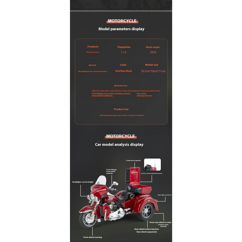 1/9 DAVIDSON Alloy Die Cast Motorcycle Model Simulation Sound Light Children's Toys Boys Birthday Gift