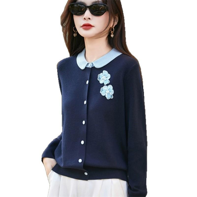 Autumn And Winter Worsted Wool Knitted Cardigan Women'S Lapel Small Fragrant Three-Dimensional Flower Jacket Color Matching Women'S Sweater