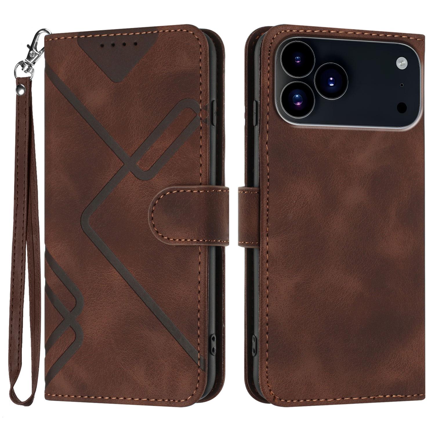 

For iPhone 17 Pro Max Wallet Case Line Imprinted PU Leather Phone Cover with Strap Brown