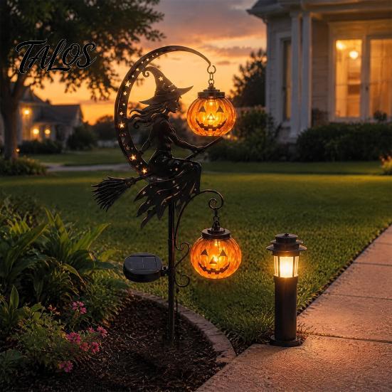 Metal Lawn Ornaments for Yard Solar Powered Halloween Witch Pumpkin Ground Stake Light, Broom Moon Illuminated Path Lights Statue Outdoor Sculpture