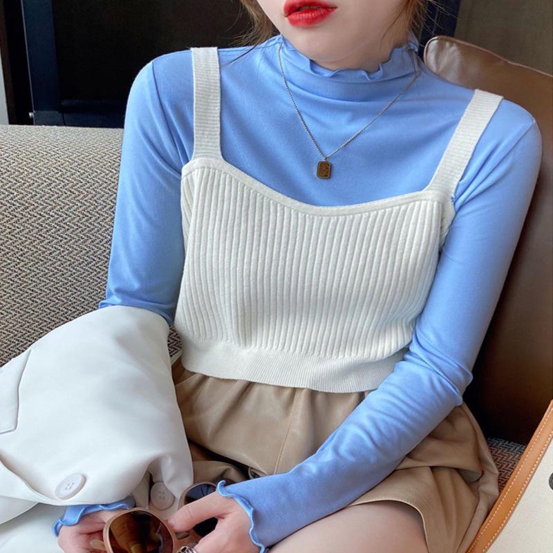 German Velvet Ladies' Half-High Collar Knit T-Shirt with Wood Ear Edge - Solid Color Long-Sleeve for Spring, Autumn, and Winter 2024.