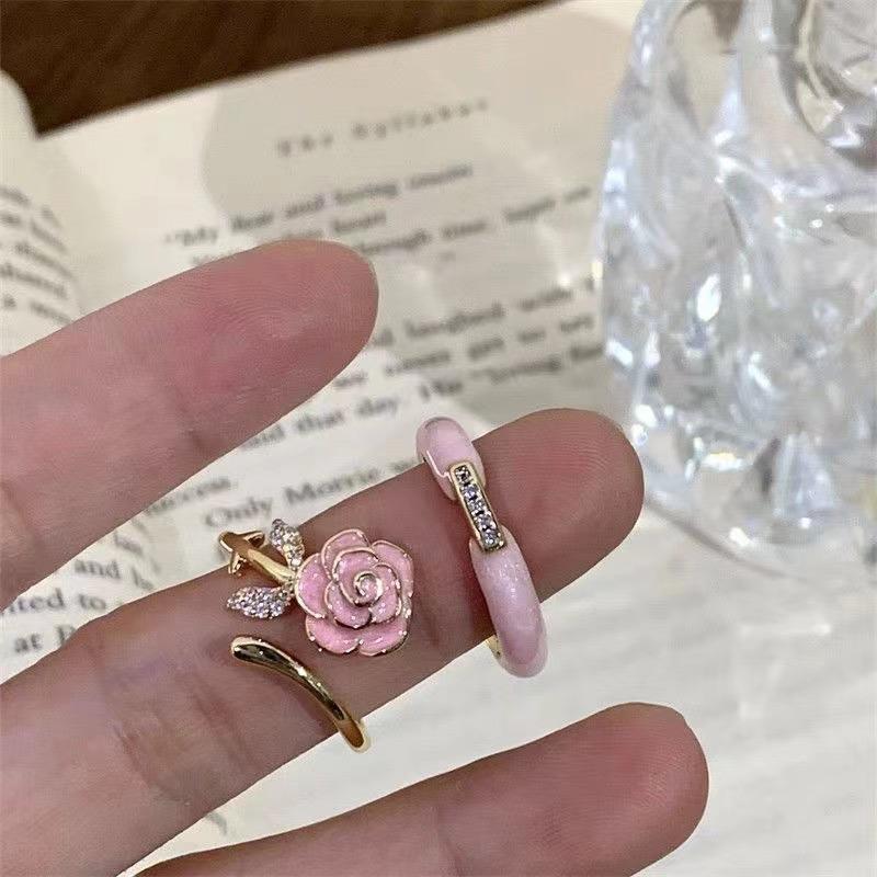 [Delicate and charming] Pink rose set open ring ins trendy sweet versatile temperament gentle ring