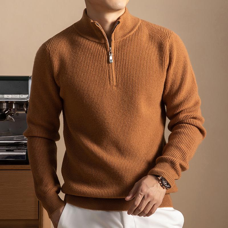 Men's 100% Wool High Collar Zipper Sweater - Thick, Warm Knitted Base Layer for Autumn/Winter