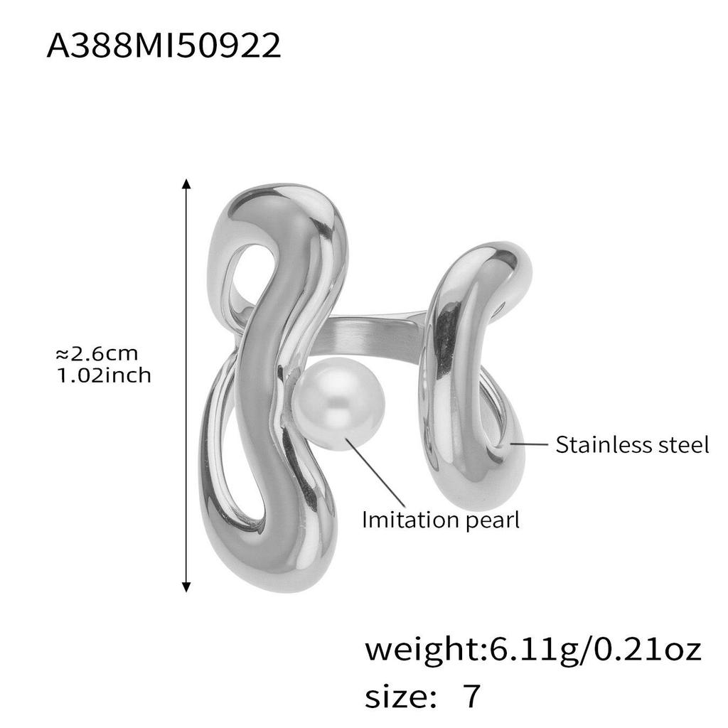 Oumaijia Stainless Steel Geometric Pearl Open Ring - Fashionable Non-fading Jewelry