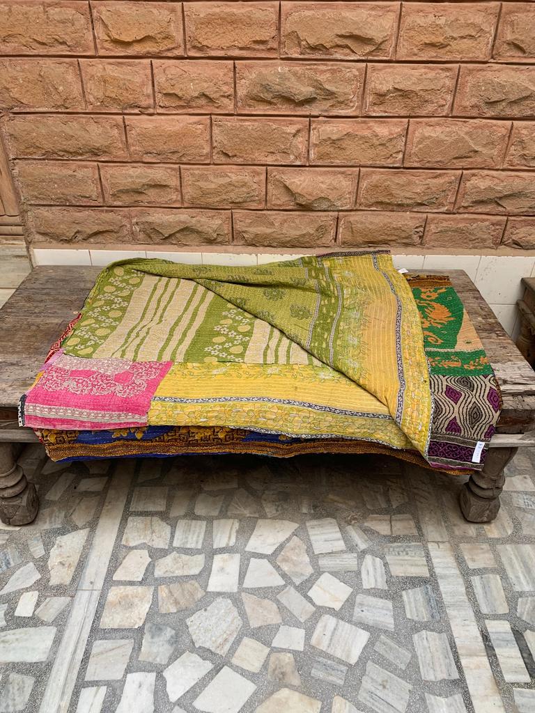 Green Floral Kantha Quilt: Vintage Indian Patchwork Throw